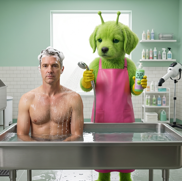 Green alien dog grooming a human in a bath